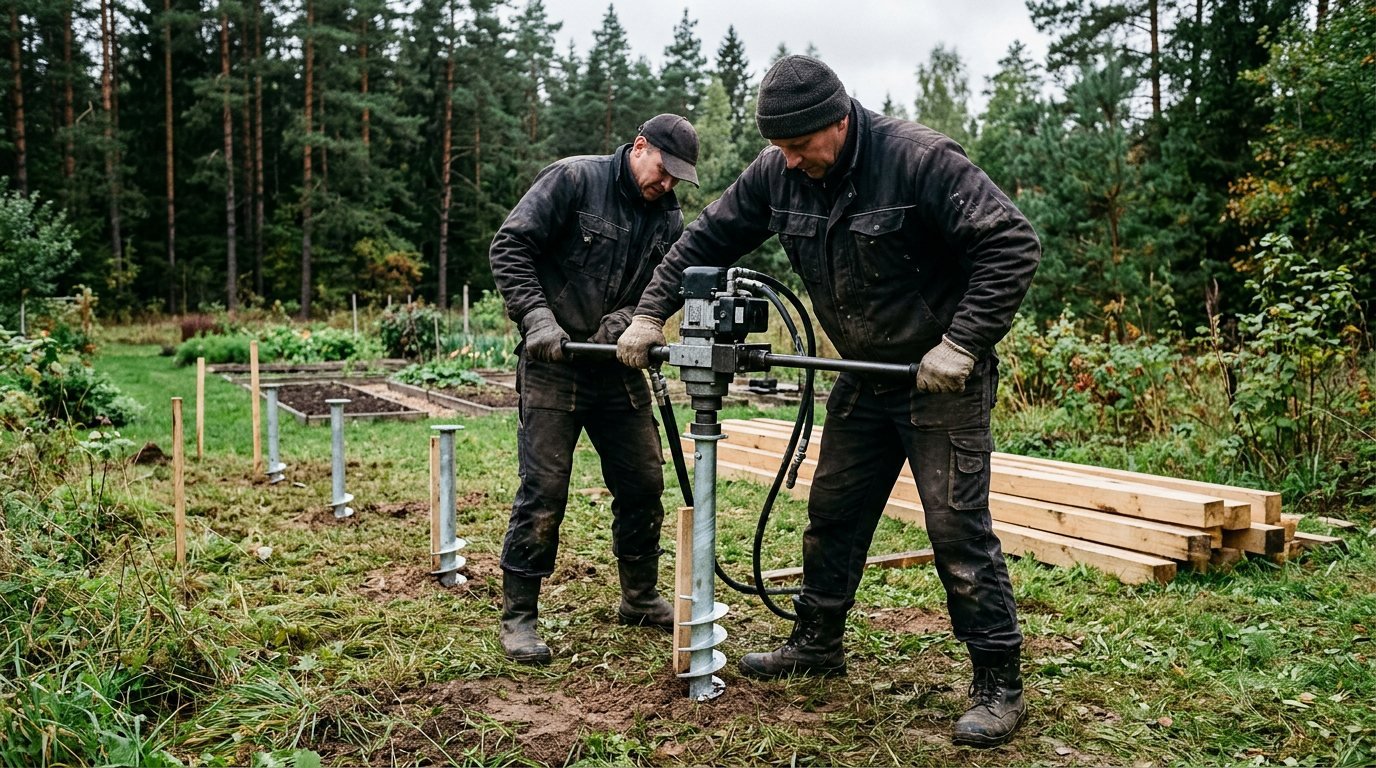 Divi meistari ieskrūvē skrūvpāli ar pārnēsājamu urbi